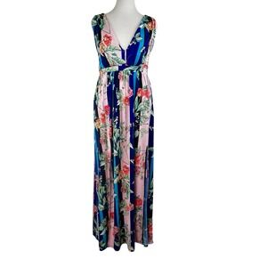 EXPRESS New Deep V Twist Neck MAXI DRESS M Tropical Floral Babydoll Party NWT